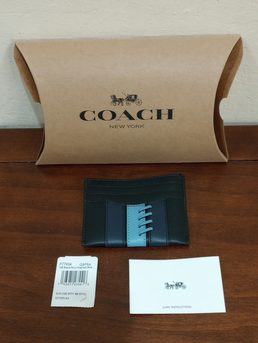 Coach Black Leather Striped Slim Case Card Holder - New!